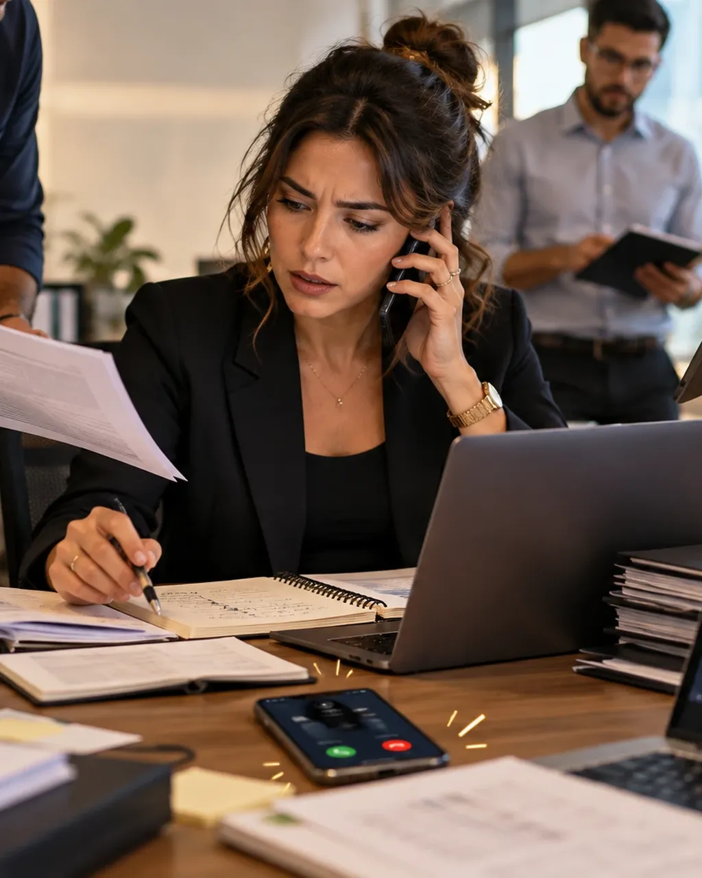 Gestora ao telefone cercada pela equipe, papéis e reunião online ao mesmo tempo