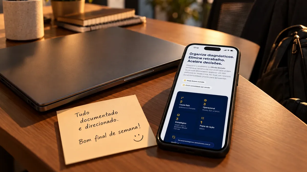 Notebook fechado e bilhete de bom final de semana no fim do expediente